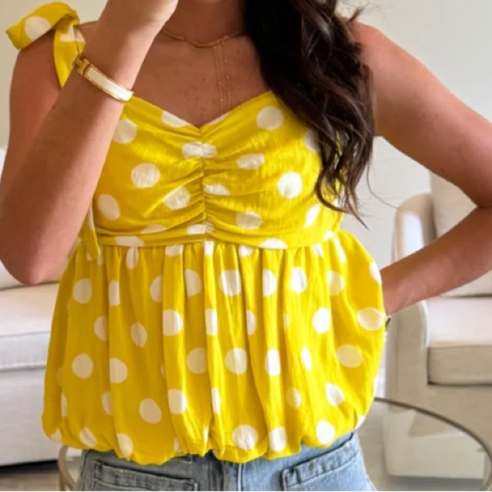 Yellow Polka Dot Tie-Shoulder Tank Top - Brand